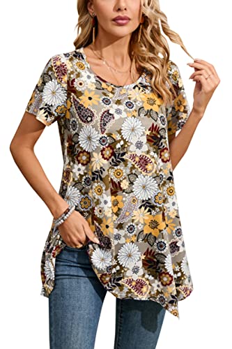 ENMAIN Tunic Tops for Women Plus Size Short Sleeve Top Loose Fit Dressy Casual Swing Summer Tunics Tops to Wear with Leggings