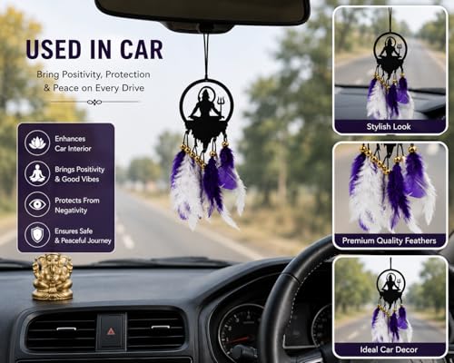 Image of Acrylic Dream Catcher Car Hanging Ornament with Purple and White Feathers - Rear View Mirror Decor for Cars, Spiritual Wall Hanging Decoration for Home, Office and Gift Use (SIVAJI-03)