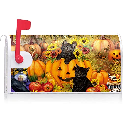 Image of Texupday Fall Harvest Sunflower Pumpkin Black Cat Mailbox Cover with Magnetic Strip Autumn Thanksgiving Mailbox Wraps Post Letter Box Cover Standard Size 21 inch X 18 inch for Garden Outdoor Yard Decor