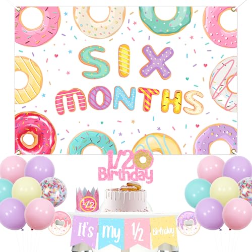Image of Funmemoir Donut Half Birthday Decorations, Sweet 6 Months Party Decor for Girl - Backdrop Banner Cake Topper Hat Balloons Donut Six Month 1/2 Half Birthday Party Decorations