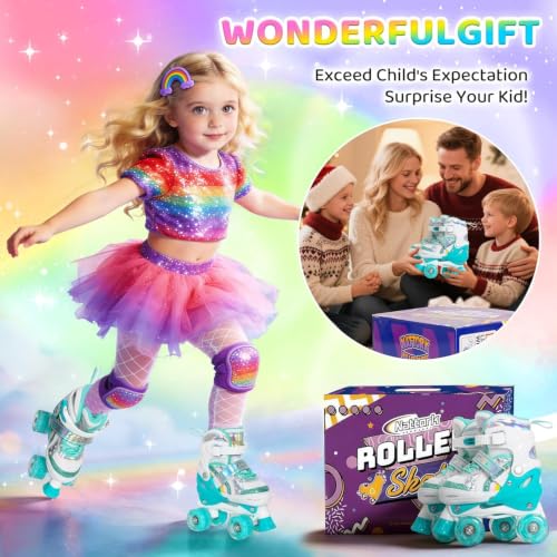 Image of Girls Rainbow Unicorn Roller Skates for Big Kids ages6-12 7 8 9 10, 4 Size Adjustable Quad Skates with All Light Up Wheels - Best Birthday Gift for Outdoor Sports - Teal