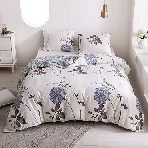 Floral Duvet Cover Sets Queen Size, SIGOODS Soft Botanical Garden Pattern 100% Organic Cotton Comforter Cover, Girl Reversible Bedding Set with Zipper Closure & Corner Ties (Grey Blue Flower,3 Piece)