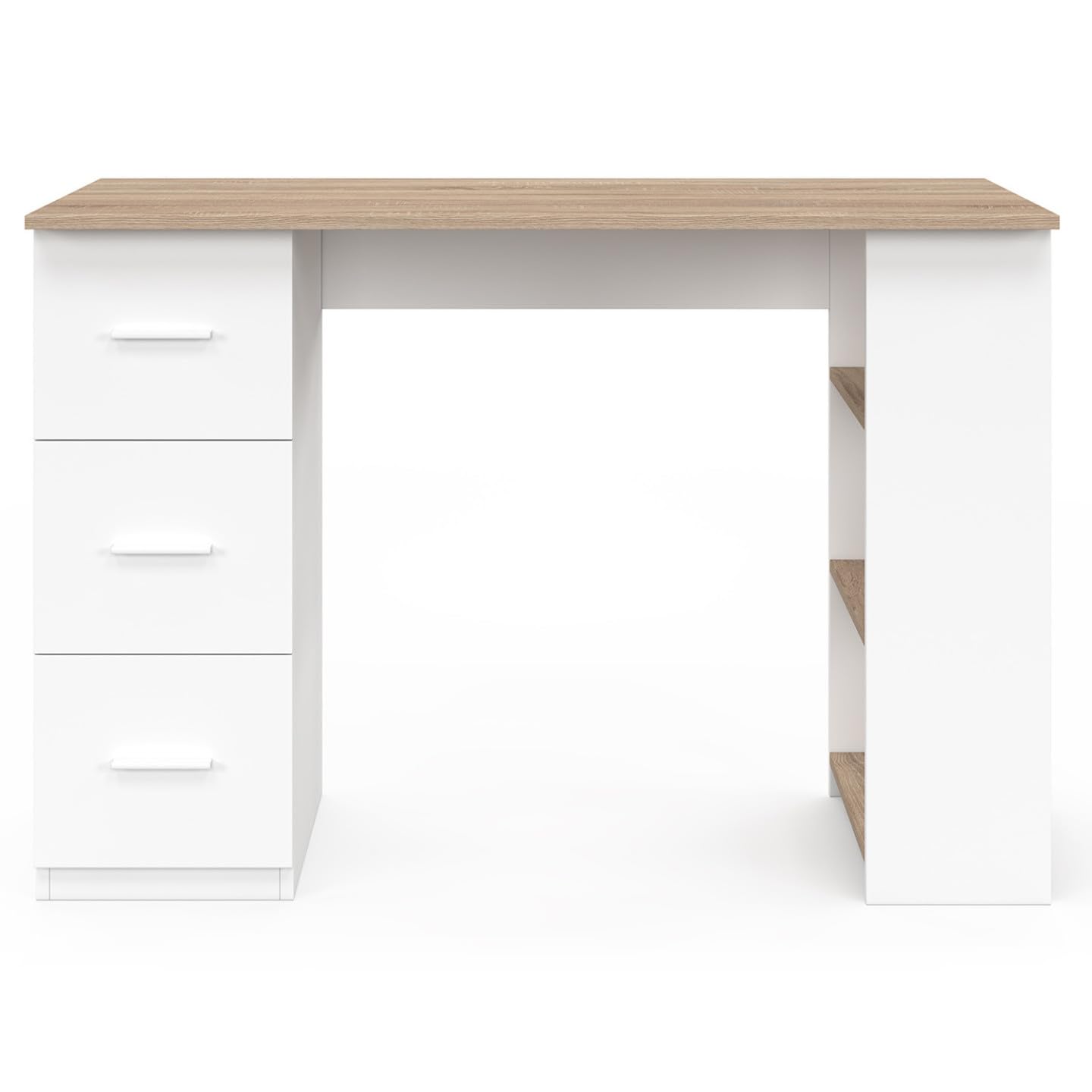 IDMarket - MAE Scrivania dritta a 3 cassetti con ripiani in legno e bianco