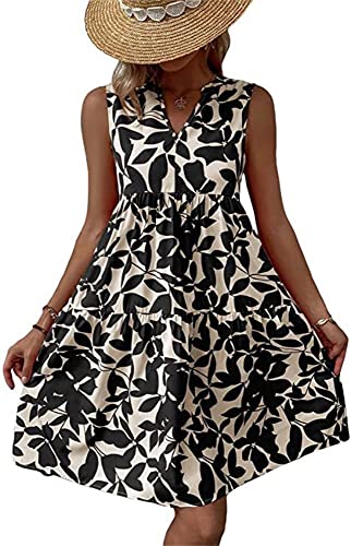 Damen Sommerkleid Knielang Strandkleid Ärmellos Swing Tunika Lässiges...