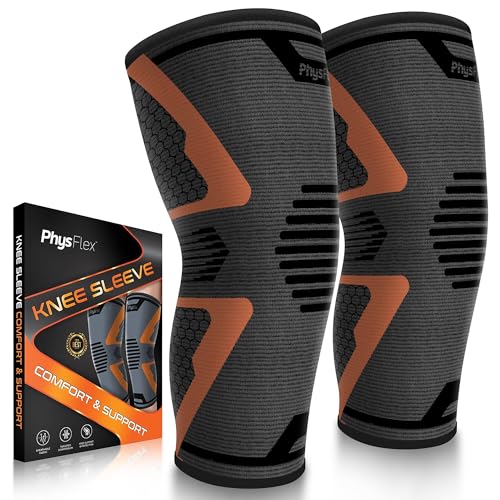 Knee Brace for Pain Relief - 2 Pack Knee Compression Sleeves for Men and Women - Support for Weightlifting, Gym, Workout, Volleyball - Meniscus Tear, ACL, Arthritis (Arrowhead, Gray/Orange, Medium)