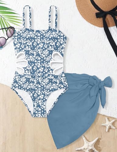 Image of Girls Swimsuit Adjustable Straps Cut Out One Piece Bathing Suit with Solid Color Cover Up Skirt Girls' Swimwear 5-16Y