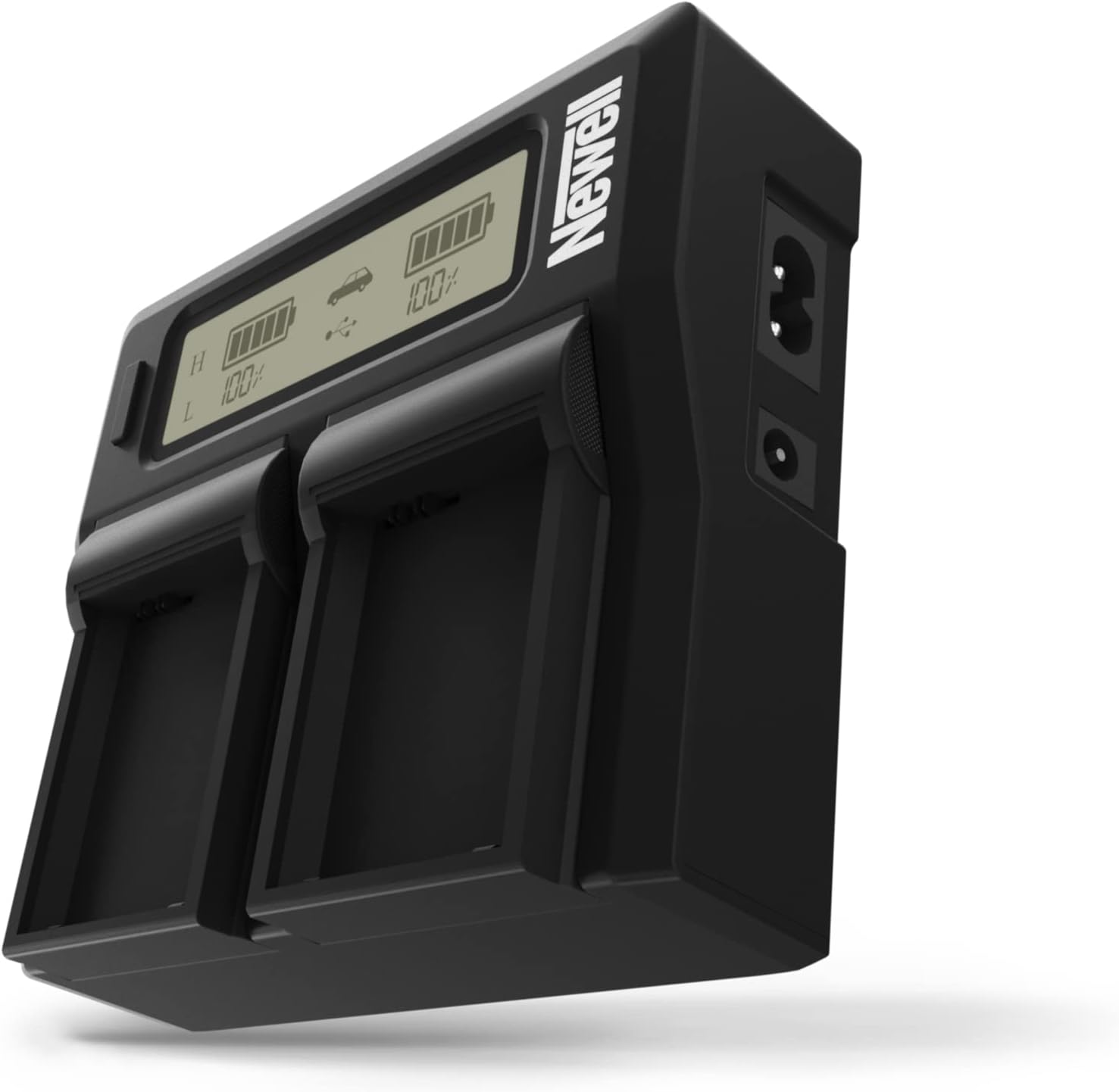 NewellDC-LCD twin battery charger compatible with NP-F970 batteries - charge two batteries together from mains supply, or 12v socket, also features USB-A output for charging other external devices.