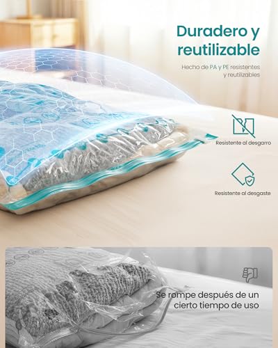 Miniatura 6 de SONGMICS Bolsas de Almacenamiento al Vacío, Bolsa de Almacenaje para Ropa, Sábanas, Armarios y Viaje, Compactas y Reutilizables, Bomba Manual Incluida, Juego de 8, 2M/3L/3J, Transparente LVB105W101