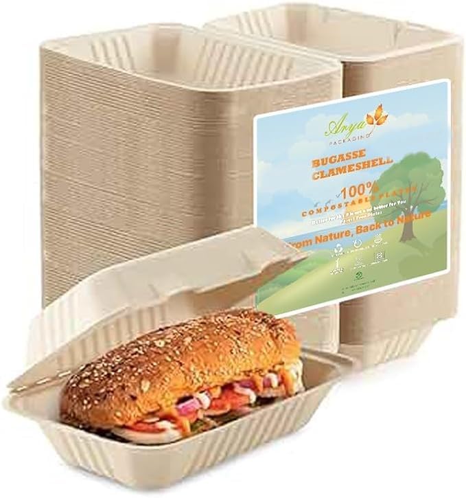 Arya PACKAGING 1 Compartment Bagasse Clamshell Takeaway Box, Biodegradable Sugarcane Hinged Food Container (50, 9X6 INCH)