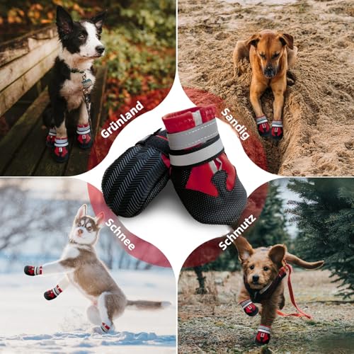Muecleao Hundeschuhe Pfotenschutz, 4 Stück Wasserdicht Anti-Rutsch Hundestiefel mit Rutschfester Sohle und reflektierendem Klettverschluss, Schuhe für kleine, Mittlere und Große Hunde (Rot, XL)
