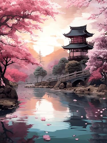 【初心者でも簡単】数字油絵 キット 大人の塗り絵 50x40cm 枠なし 番号塗り絵 セット インテリアアート 水彩画風 DIY 絵画 作成 キット 家族で楽しめる プレゼント 子供も対応、日本の桜公園