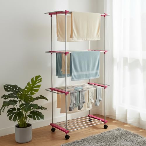 Amazon Brand - Solimo Plastic 3 Layer Cloth Drying Stand with Shoe Drying Section | Dimensions: 110 * 46 * 179 Cm (White and Pink) at ₹1598 (66% Off) – Amazon