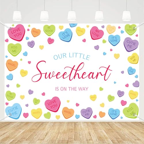 MEHOFOND 7x5 ft Conversation Heart Baby Shower Backdrop Valentine's Day Sweetheart is on The Way Baby Shower Photography Background Colorful Heart Party Decorations Newborn Party Photo Supplies