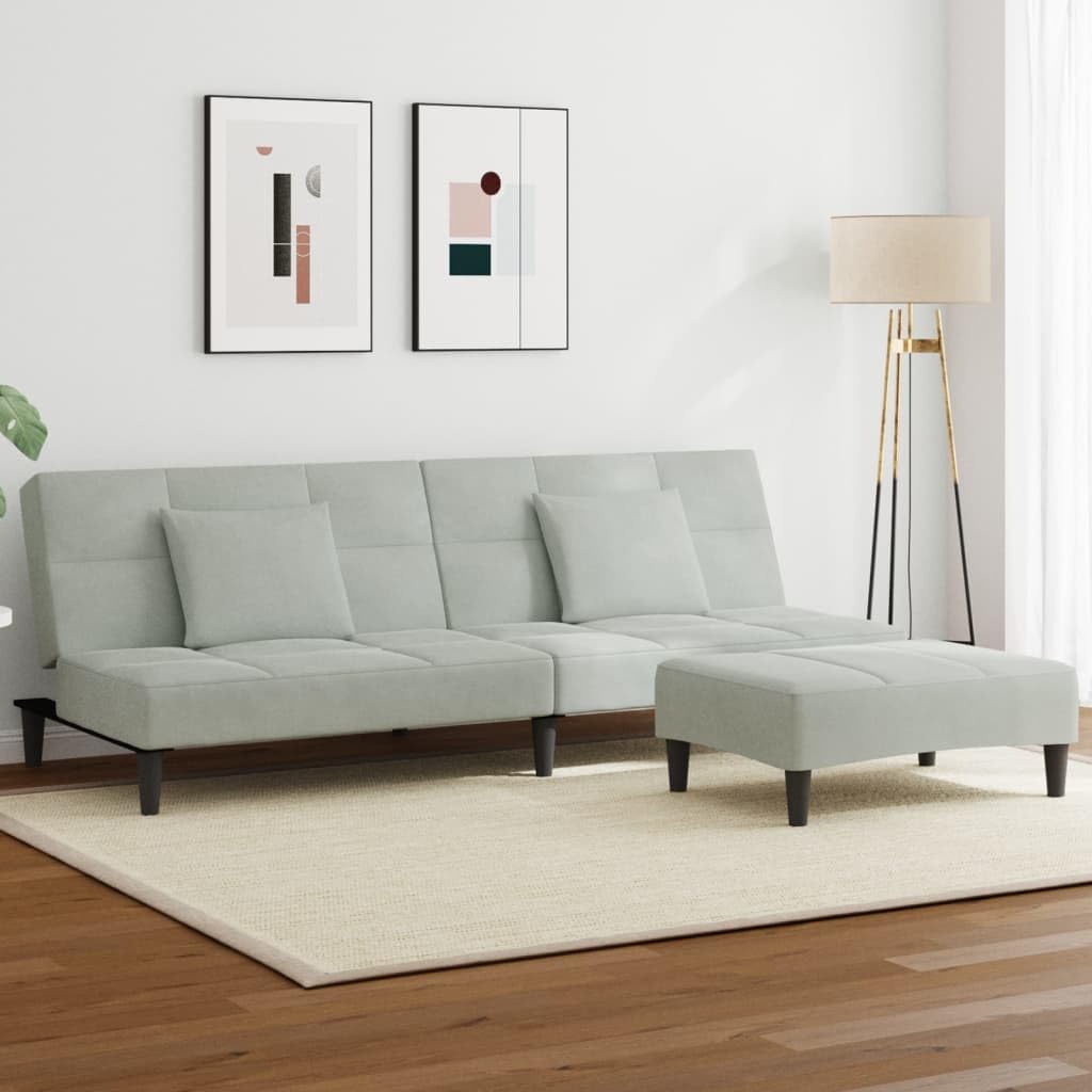 Sofa do spania 2-osobowa z podnóżkiem, jasnoszary aksamit, funkcja przekształcania, wytrzymała drewniana rama, do salonu i pokoju gościnnego, łącznie z poduszkami