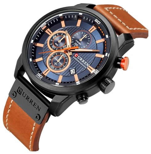 Image of FANMIS Mens Sport Military Analog Quartz Watch Chronograph Classic Casual Business Dress Waterproof Watch Multifunctional Wristwatch with Leather Strap