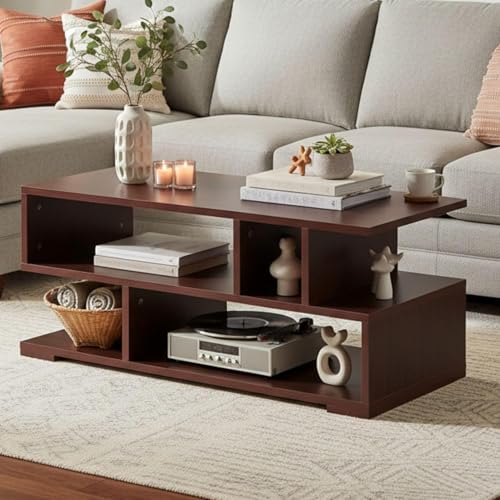 Image of RIZIK STORE Engineered Wood Coffee Table in Walnut Finish | Modern Living Room Center Table Suede Texture | Sofa & Tea Table | DIY Installation | Warranty Protected (Wallnut Brown) (90x40x38.8cm)