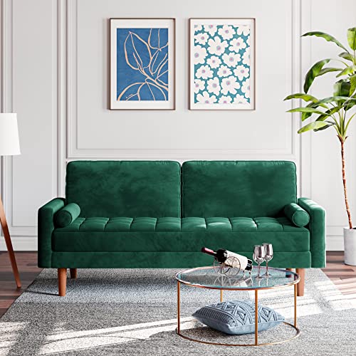 Vesgantti 58 Inch Loveseat Sofa, 2 Seater Sofa For Small Space, Button Tufted Green Velvet Couch With 2 Pillows, Mid Century Modern Couch W/Armrest, Small Couches For Living Room, Bedroom, Apartment #TOP1