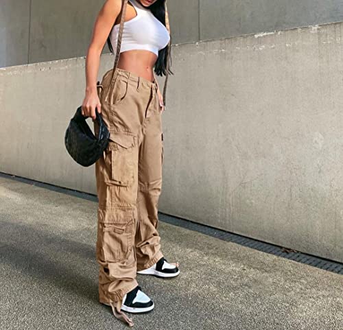 Women's Y2K High Rise Baggy Straight Leg Cargo Pants Streetwear Casual Boyfriend Trousers With Pockets Khaki #TOP1