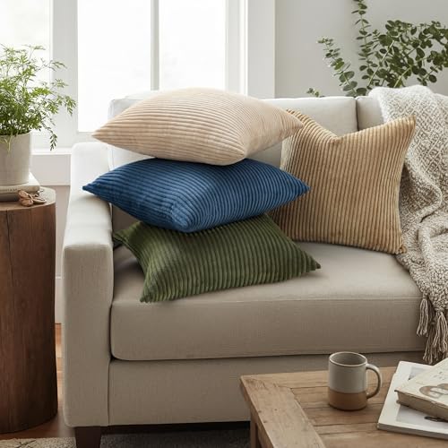 Image of Mecatny Corduroy Decorative Throw Pillow Covers 22x22 Set of 2 for Sofa Living Room, Soft Neutral Boho Couch Pillow Covers for Home Decor, Navy Blue