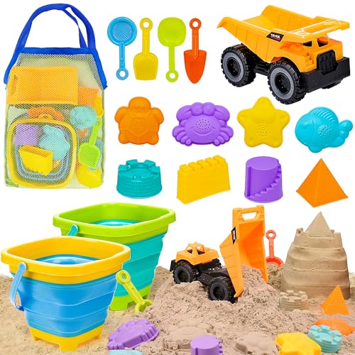Image of AuntyFey Beach Sand Toys for Toddler 1-3 with Trucks, 2 Collapsible Beach Toys for Kids Ages 4-8, Sandbox Toys for Toddler, Collapsible Beach Sand Buckets with Castle Sand Molds Shovels