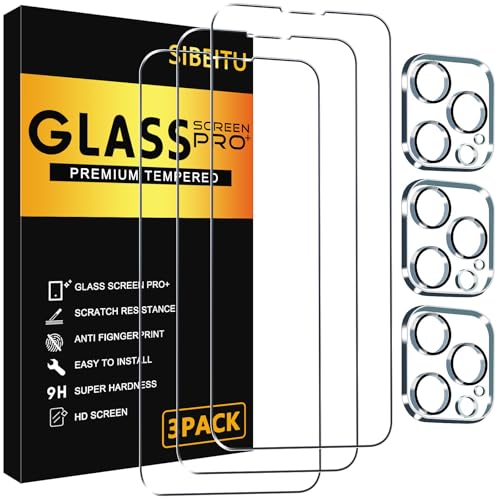 SIBEITU 3 Pack for iPhone 15 Pro Screen Protector with 3 Pack Camera Lens Cover Protector Accessories, 6.1 Inch HD Clear 9H Hardness Tempered Glass Film, Case Friendly & Scratch Resistent