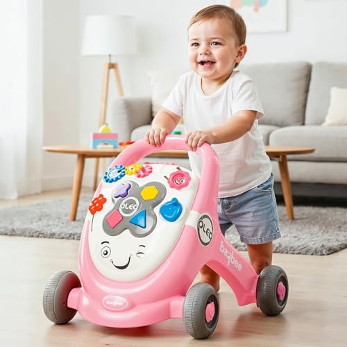 Image of Baybee Oleo Baby Walker for 6-18 Months | Activity Push Walker with Music & LED Lights | Stable Wheels, Easy Grip Handle | Educational Walker for Boys & Girls 0-2 Years (Lite Pink)
