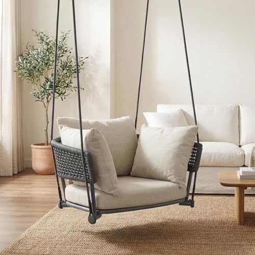 Image of Single Porch Swings Chair with Cushions, Hanging Rope Swing, Hanging Chair for Bedroom, Hammock Chairs Swing Indoor & Outdoor, Macrame Hanging Swinging, Patio, Balcony, Beige