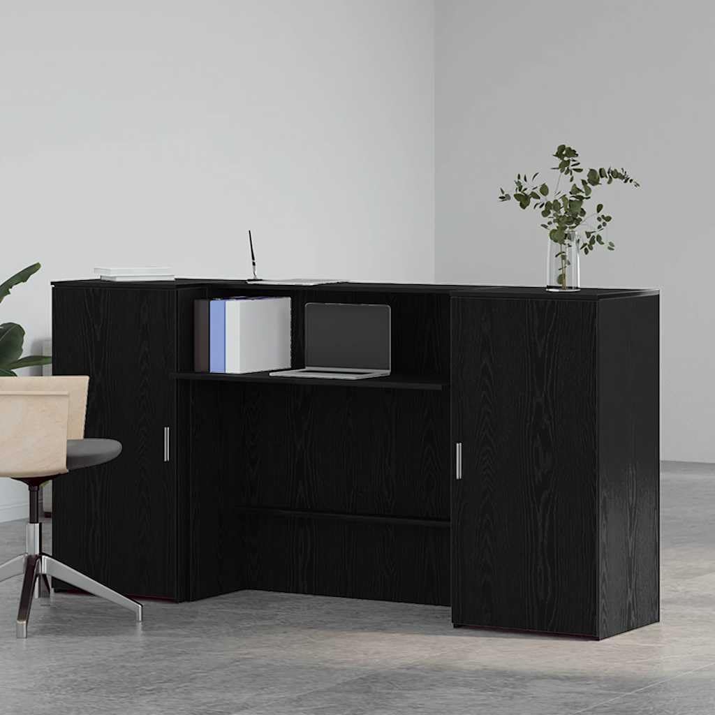 Banco di ricevimento nero effetto rovere, 200 x 50 x 103,5 cm, mobile per ufficio per reception, con cassaforte e spazio di archiviazione integrato, scrivania versatile per la casa e