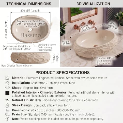 Image of BASSINO 20x15x6 Inches Artificial Stone Table Top Washbasin /Ivory-Beige Stone Texture Luxury Countertop Sink /Modern Rock Finish Wash Basin for Home-Hotel /Designer Oval Shape Basin for Bathroom(Matt)