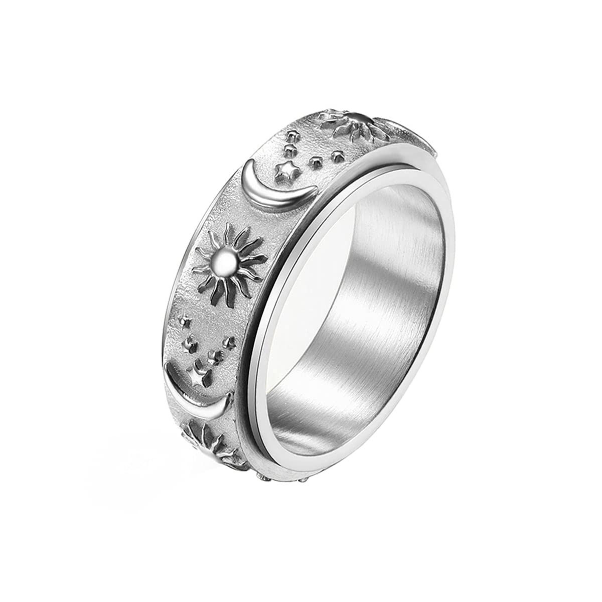 NanafastStainless Steel Spinner Ring for Women Men Anxiety Rings for Relieving Stress Anxiety Ring Sun Moon Stars Promise Engagement Ring Size 6-12