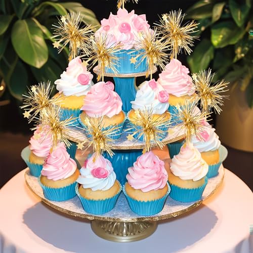Nogeqi 20pcs Fireworks Cupcake Topper,Gold Cupcake Decorations,Sparkle Tinsel Cake Toppers,Sparklers Wedding Cupcake Topper,Firework Toothpicks for Party Props and Food Decorations(Gold)