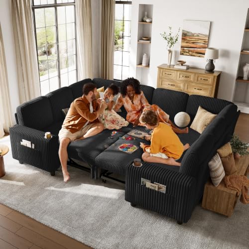 Image of LINSY Home 106 inch Modular Sectional Couch with Pull Out Bed, U Shaped 8 Seats Sofa with Storage, Corduroy Convertible Sofa Bed, USB, Cup Holders, Side Pocket, Sleeper Sofa for Living Room,Black