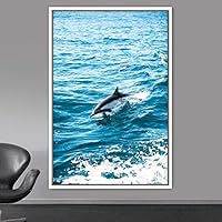 Framed Canvas Wall Art Fish on The Surface Bedroom Dolphin Marine Life Multicolor Nautical Photography - 16x24 inches