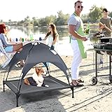 GOPLUS Hundeliege mit Dach, Erhöhtes Hundebett, Haustierbett mit Eisenrahmen, Wasserdichtes Hundesofa, Katzenbett mit Sonnensegel, rutschfeste Fußpolster, für Indoor & Outdoor (90x81x86cm)