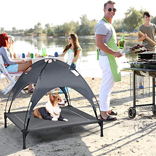 GOPLUS Hundeliege mit Dach, Erhöhtes Hundebett, Haustierbett mit Eisenrahmen, Wasserdichtes Hundesofa, Katzenbett mit Sonnensegel, rutschfeste Fußpolster, für Indoor & Outdoor (90x81x86cm)