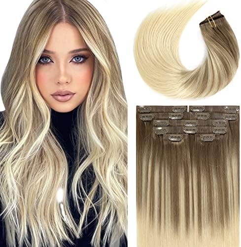 LacerHair Seamless Clip in Hair Extensions Real Human Hair Balayage Light Brown to Platinum Blonde Human Hair Clip in Hair Extensions With PU Weft ...