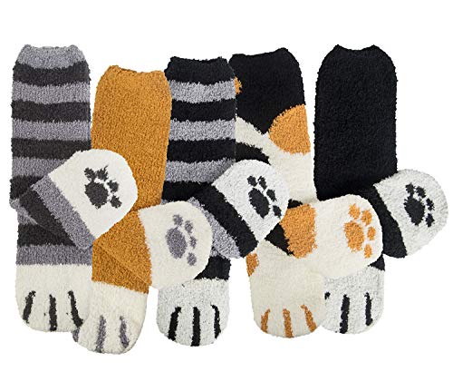 YSense 5 Pairs Cat Fuzzy Socks for Women Cute Winter Warm Animal Fluffy Socks Cozy Soft Sleeping Slipper Socks Grey