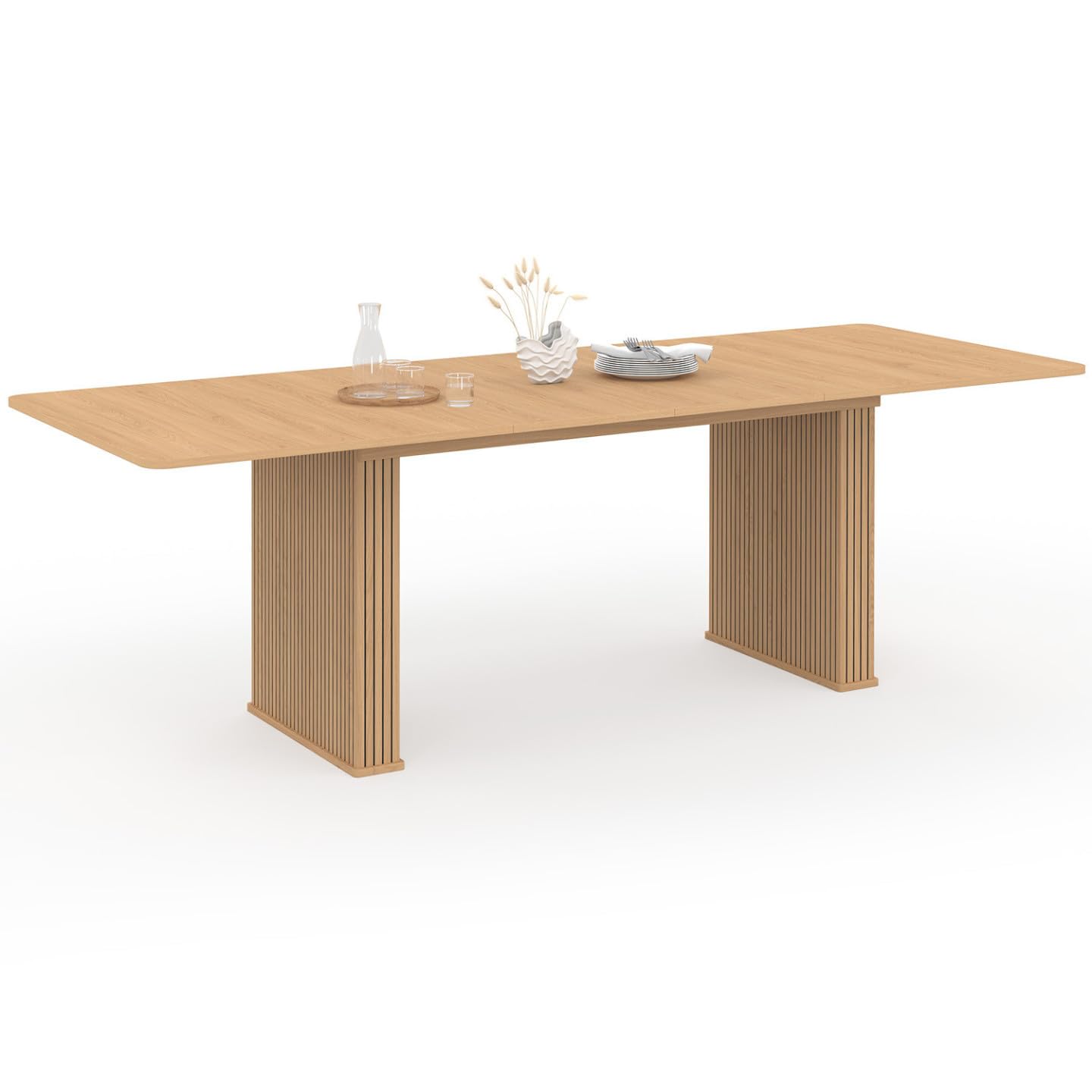 Table à manger rectangulaire Juliette en bois coloris chêne avec piétement graphique en lattes
