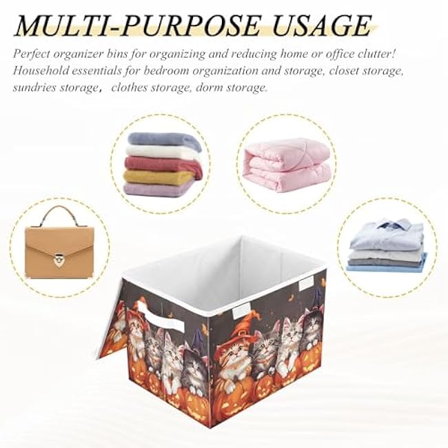 senya Halloween Baskets Collapsible Storage Bins with Lids, Halloween Pumpkin Cat E Storage Boxes Clothes Baskets for Organizing
