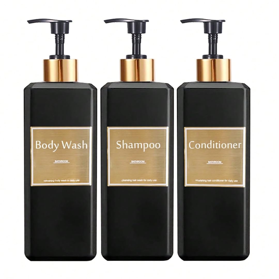 Dispensador Jabon Baño | Set de 3 Botes para Gel Champu y Acondicionador 500ML con Pegatinas | Este Dosificador Jabon Baño es Elegante y Realzará el Estilo de tu hogar (Negro y Dorado)