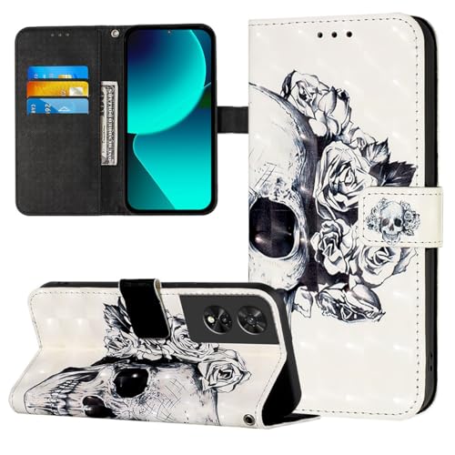 Cover per TCL 505 Custodia Libro pelle PU Portafoglio con Porta Carte Magnetica Protezione Antiurto Cuoio Flip Case per TCL 505 Teschio