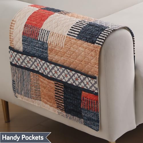 Image of HOKIPO 'LiefNest' Printed Holland Velvet Sofa Armrest Covers | 1 Pair | Urban Grid Multicolor (IN-827-L-D7*2)