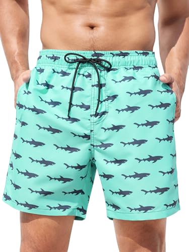 SILKWORLD Mens Swim Trunks Quick Dry Swim Shorts with Mesh Lining Funny Swimwear Bathing Suits, Blue Shark, Small