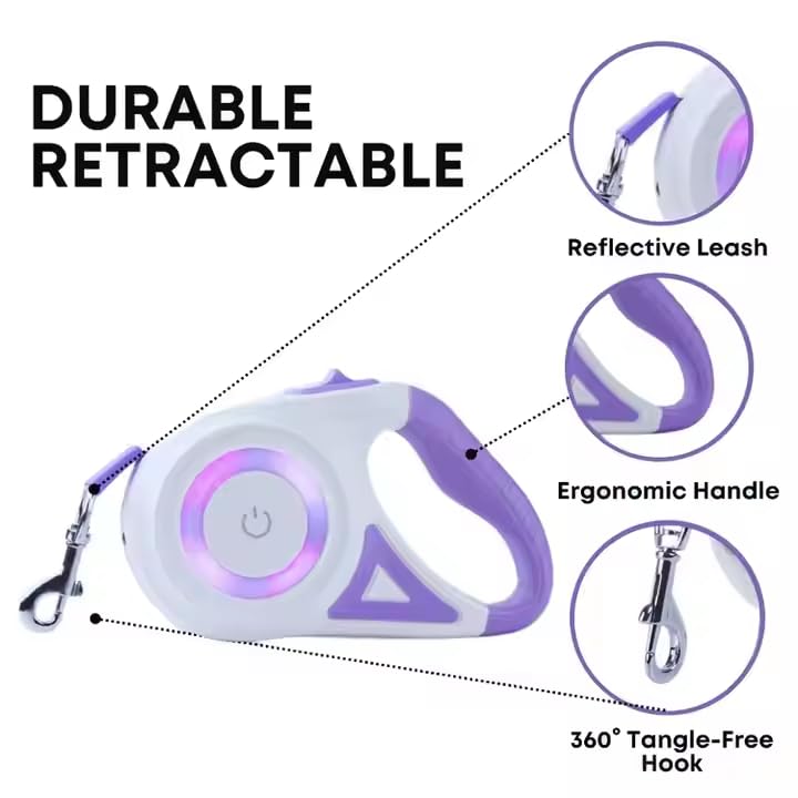 Image of Luminous Retractable Dog Leash with Front Safety Led Light - 3M /10ft 360Tangle-Free Training Leash for Ultimum Freedom with Anti Slip Handle Dogs & Cats - Purple