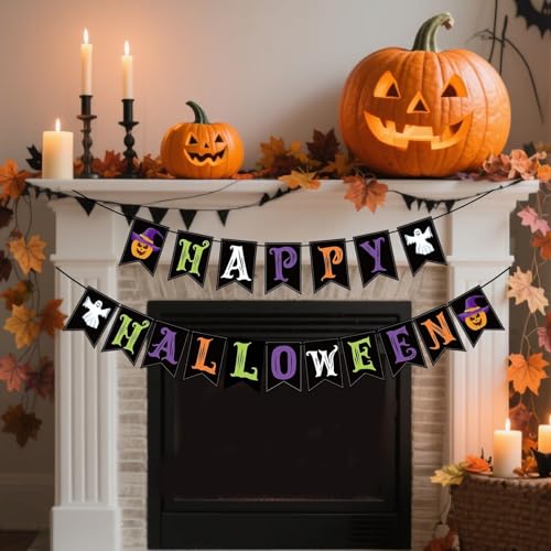 Image of OLANRUN Halloween Decorations Indoor for Party, Happy Halloween Banner Decor, Scary Hanging Banner with Pumpkin Ghost Decorations for Office Home Room Mantel Bedroom Wall, Pre-Assembled