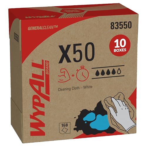 Image of WypAll GeneralClean X50 Cloths Cleaning Wipes (83550), Pop-Up Box, Strong Towels for Extended Use, White (10 Packs of 168 Sheets, 1,680 Sheet Total)