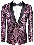 Hi-Tie Stylish Men Suit Jacket Blazer Shawl Lapel One Button Slim Fit Long Sleeve Jacket Tuxedo Party Dinner,Black Pink,Large
