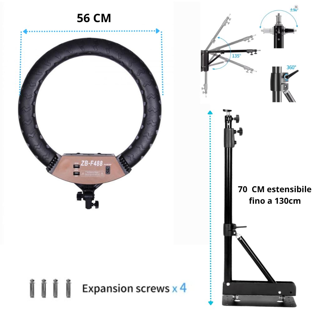 Anillo LED regulable + mando a distancia + brazo techo de pared 360° barber shop esteticista salón 2700k-6500k