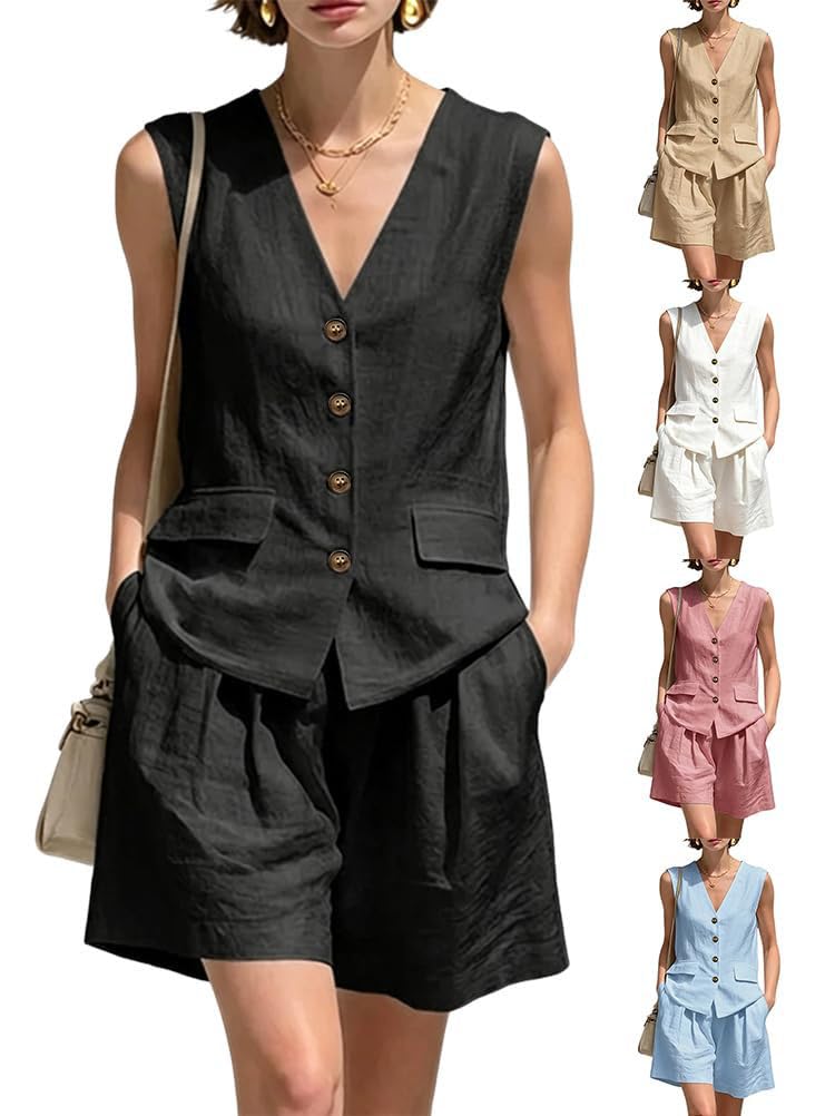 tictilily Ensemble Femme Lin Ete 2 Pieces Gilet Top à sans Manches Col V + Short à Taille Haute avec Poches Ensembles de Lin et Coton Tenue de Plage Casual