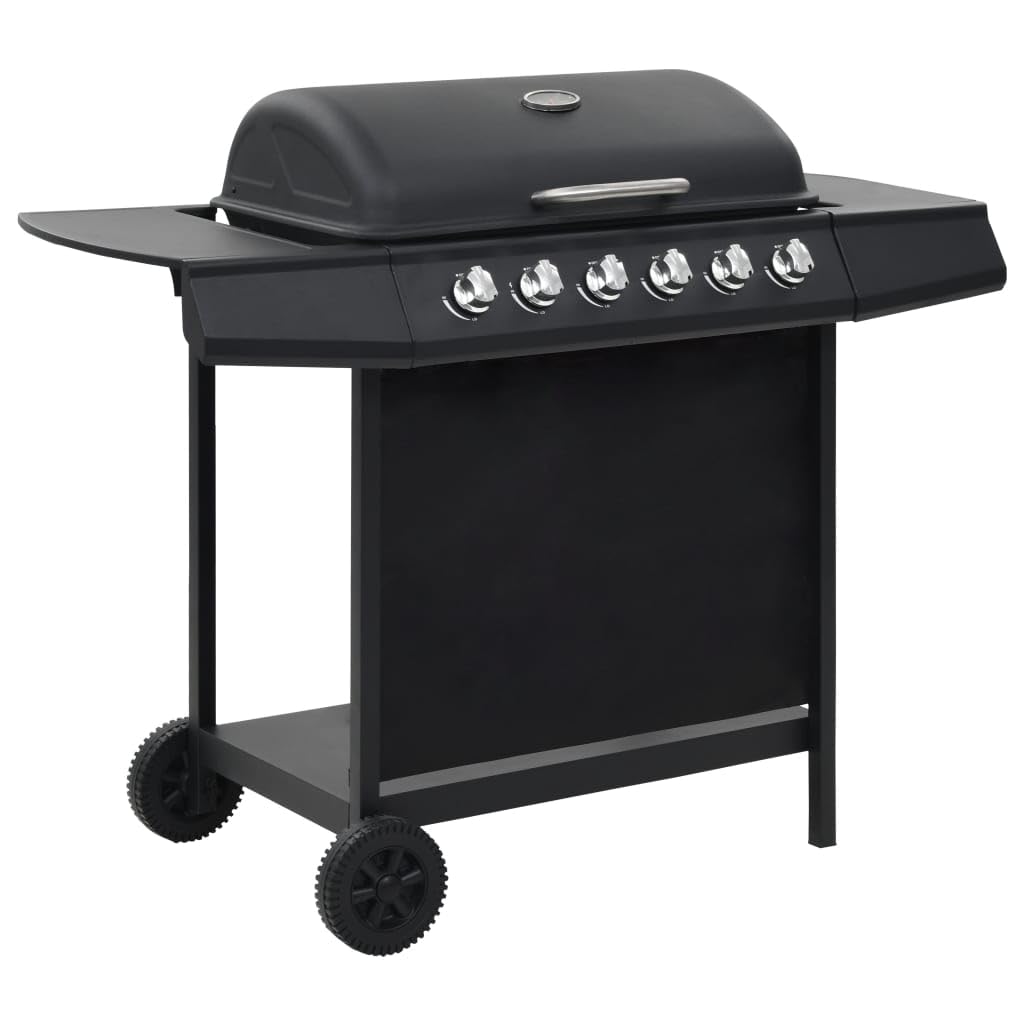Barbecue a gas con 6 fuochi, potenza 12 kW, carrello con termometro, ripiani laterali e vassoio raccogli grasso, nero